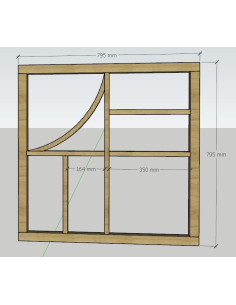 Verrière en chêne selon schéma, 1 seul verre trempé 6mm transparent, habillage décor contrecollés sur le verre.