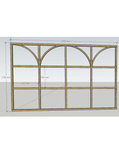 Verrière loft avec arches H1700*L2700mm, 4 travées, 3 traverses, chêne brut et verre trempé sécurit 6mm transparent