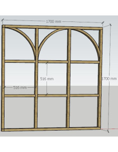 Verrière loft avec arches H1700*L1800mm, 3 travées, 3 traverses, chêne brut et verre trempé sécurit 6mm transparent