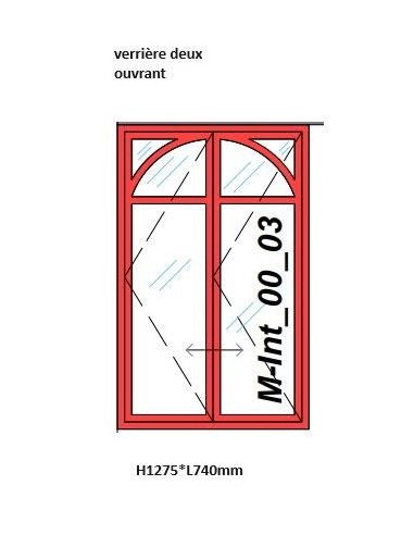 Verrière artiste H1275*L740mm, chêne brut, 2 ouvrants, 2 demi arches, verre trempé 6mm transparent