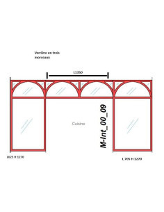 Ensemble chêne brut, composé de 3 verrières séparé : H1270*L625 une arche + H400*L1350 2 arches + H1270*L705 une arche