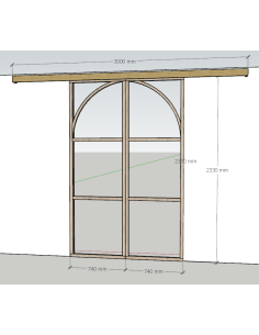 Double porte coulissante en chêne brut avec arches, H2330*L1480mm (2*740mm), rail coulissant avec frein, cache rail