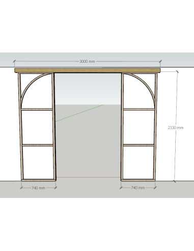 Double porte coulissante en chêne brut avec arches, H2330*L1480mm (2*740mm), rail coulissant avec frein, cache rail